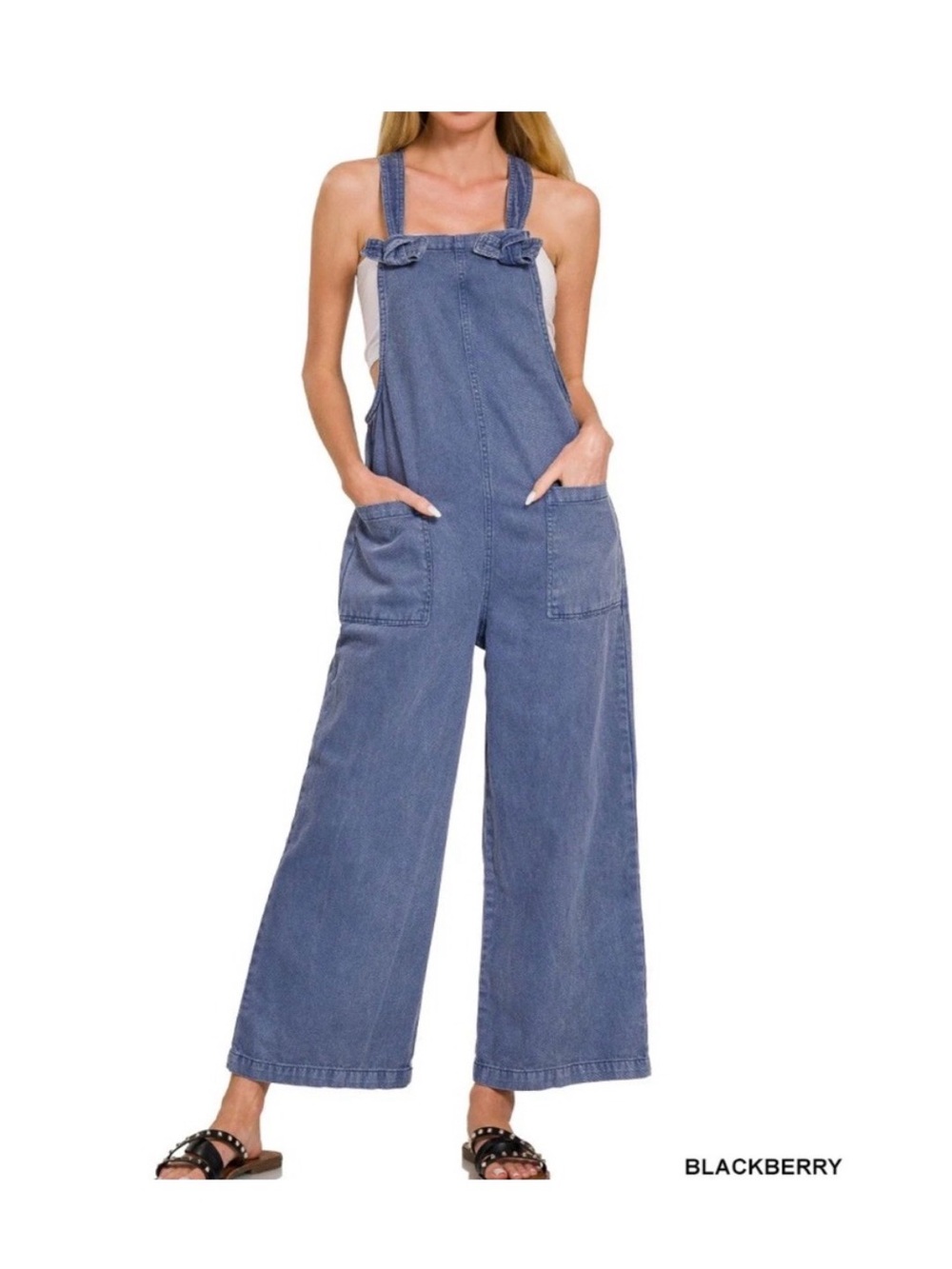 NWT Zenana Ready or Knot Washed Wide Leg Jumpsuit Medium Denim Blue